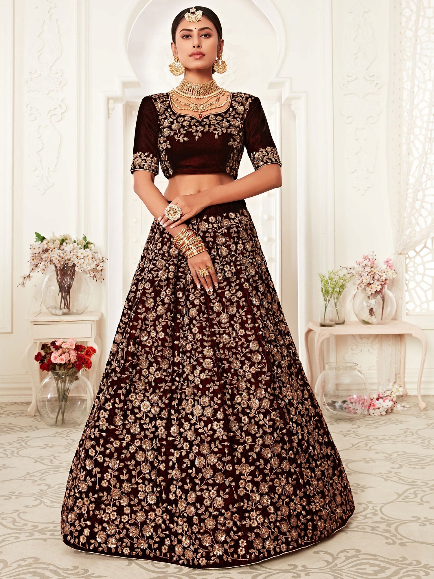 Classic Maroon Embroidered Velvet Wedding Wear Plus Size Lehenga Choli