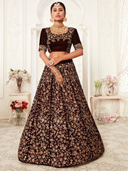Classic Maroon Embroidered Velvet Wedding Wear Plus Size Lehenga Choli