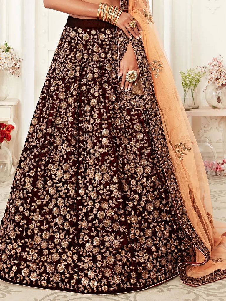 Maroon Heavy Embroidery Velvet Bridal Lehenga Choli