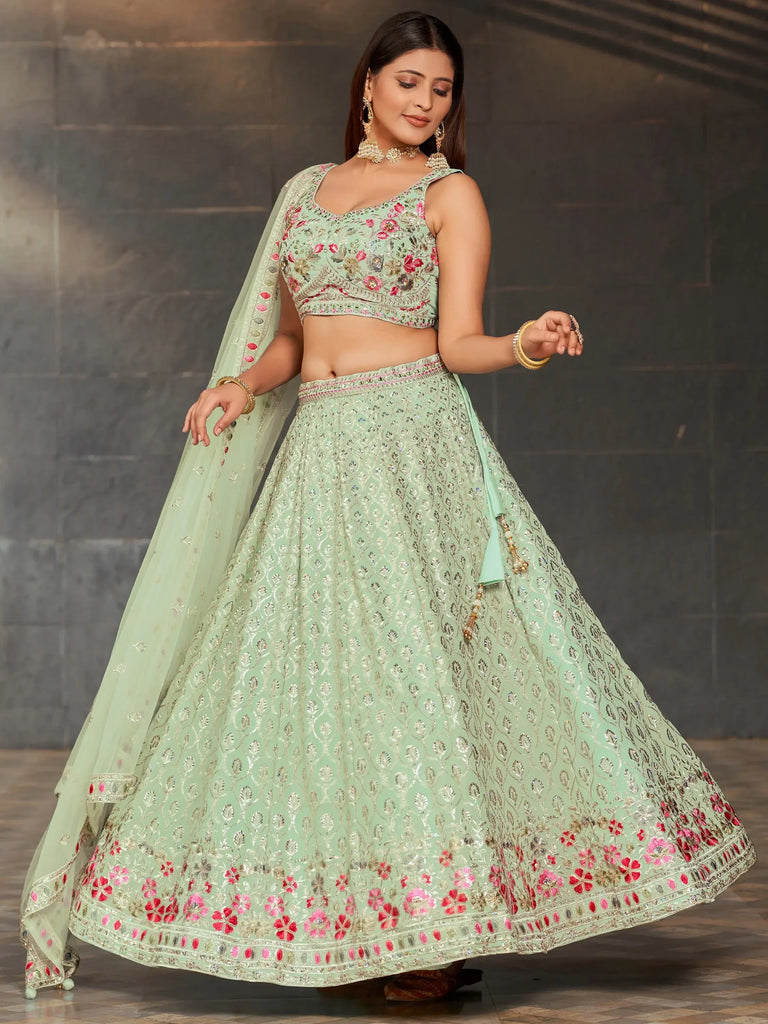 Awesome Sky-Blue Sequins Georgette Engagement Wear Lehenga Choli