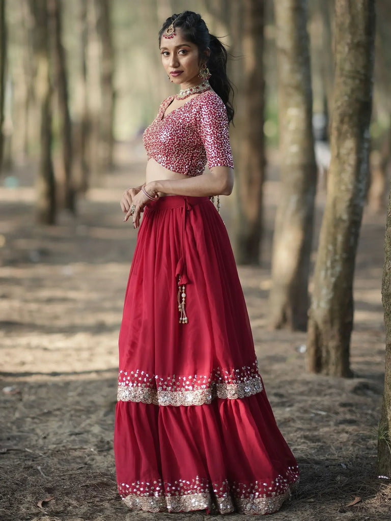 Incredible Red Sequins Georgette Designer Lehenga Choli With Dupatta
