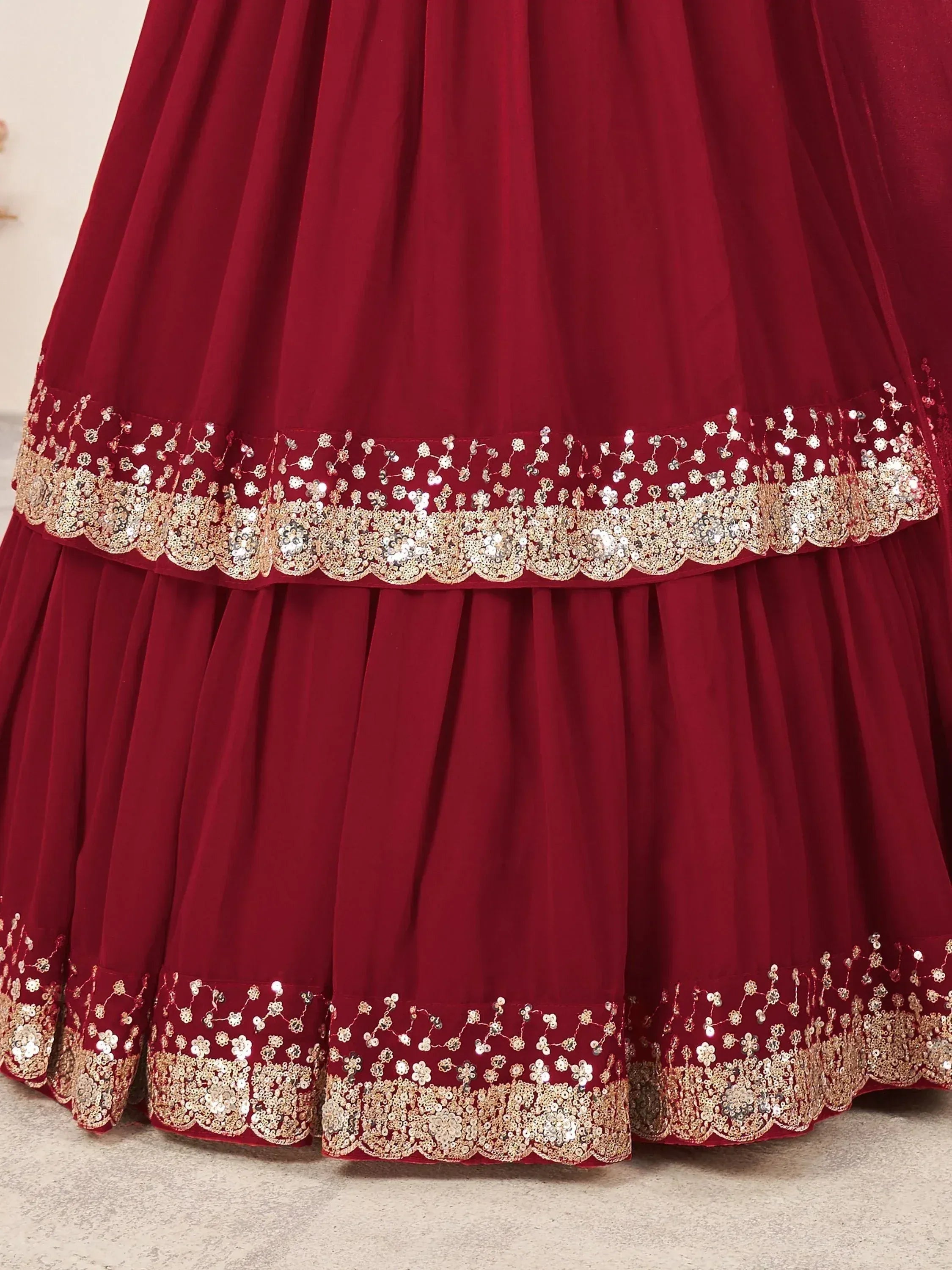 Red lehenga with gold and silver sequin embroidery, ethnic Indian wear