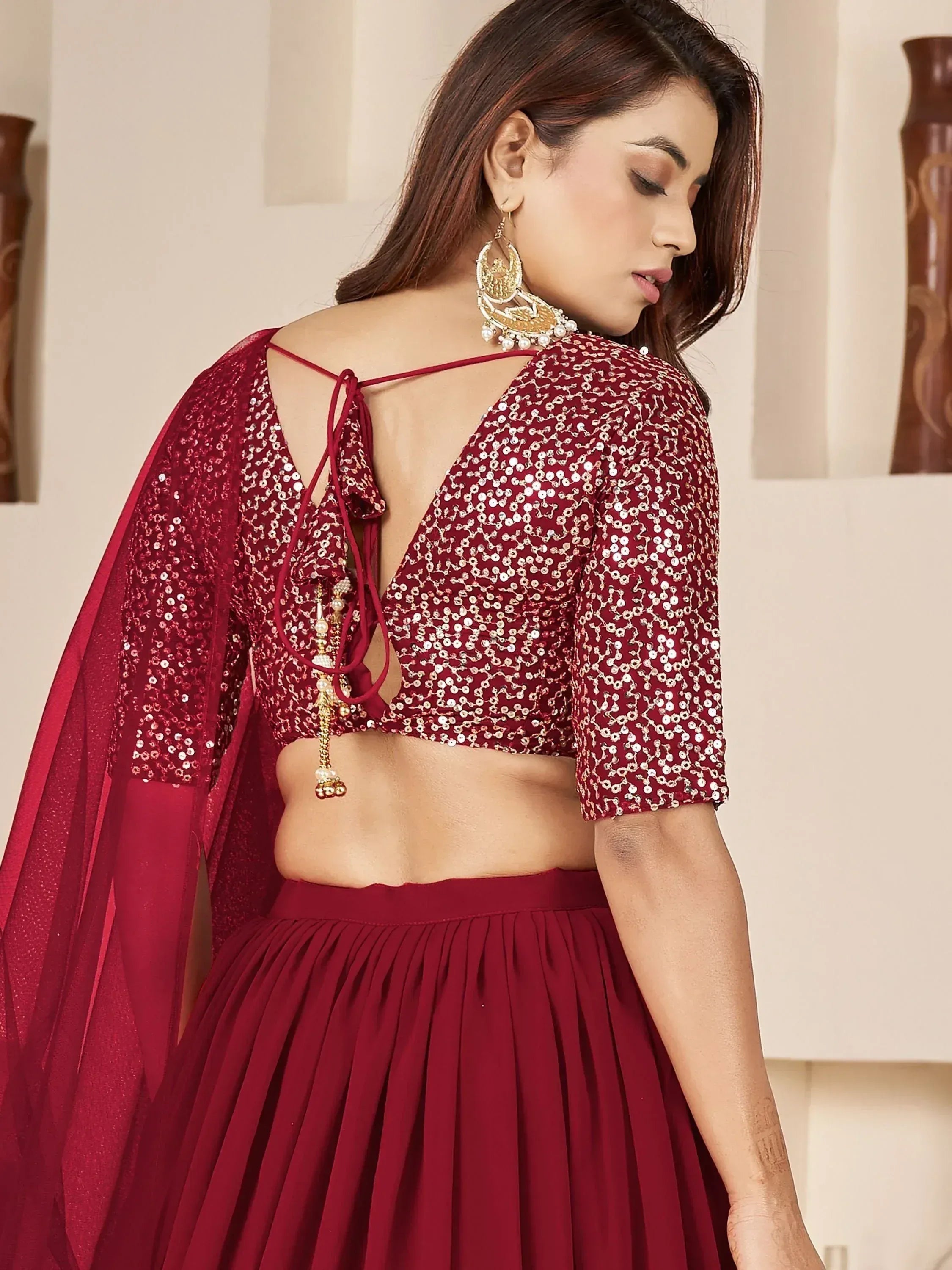 Maroon sequin lehenga choli with back tie blouse and sheer cape, ethnic Indian wear
