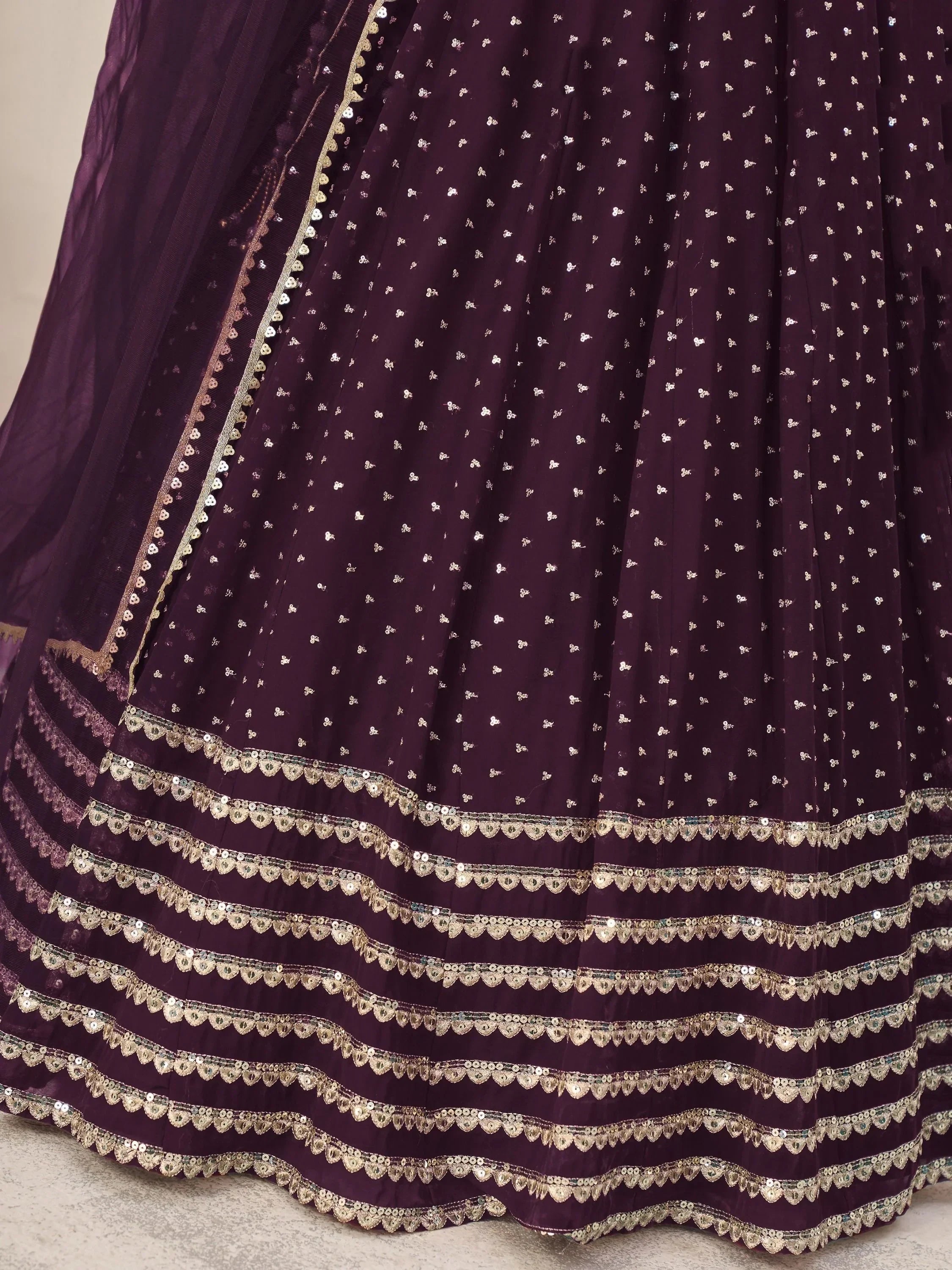 Purple lehenga with gold sequin embroidery and scalloped borders, Indian ethnic wear