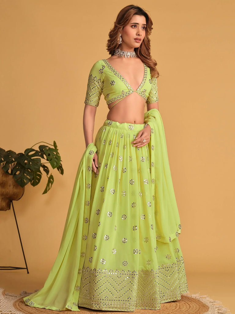 Stunning Lime Green Sequins Georgette Reception Wear Lehenga Choli