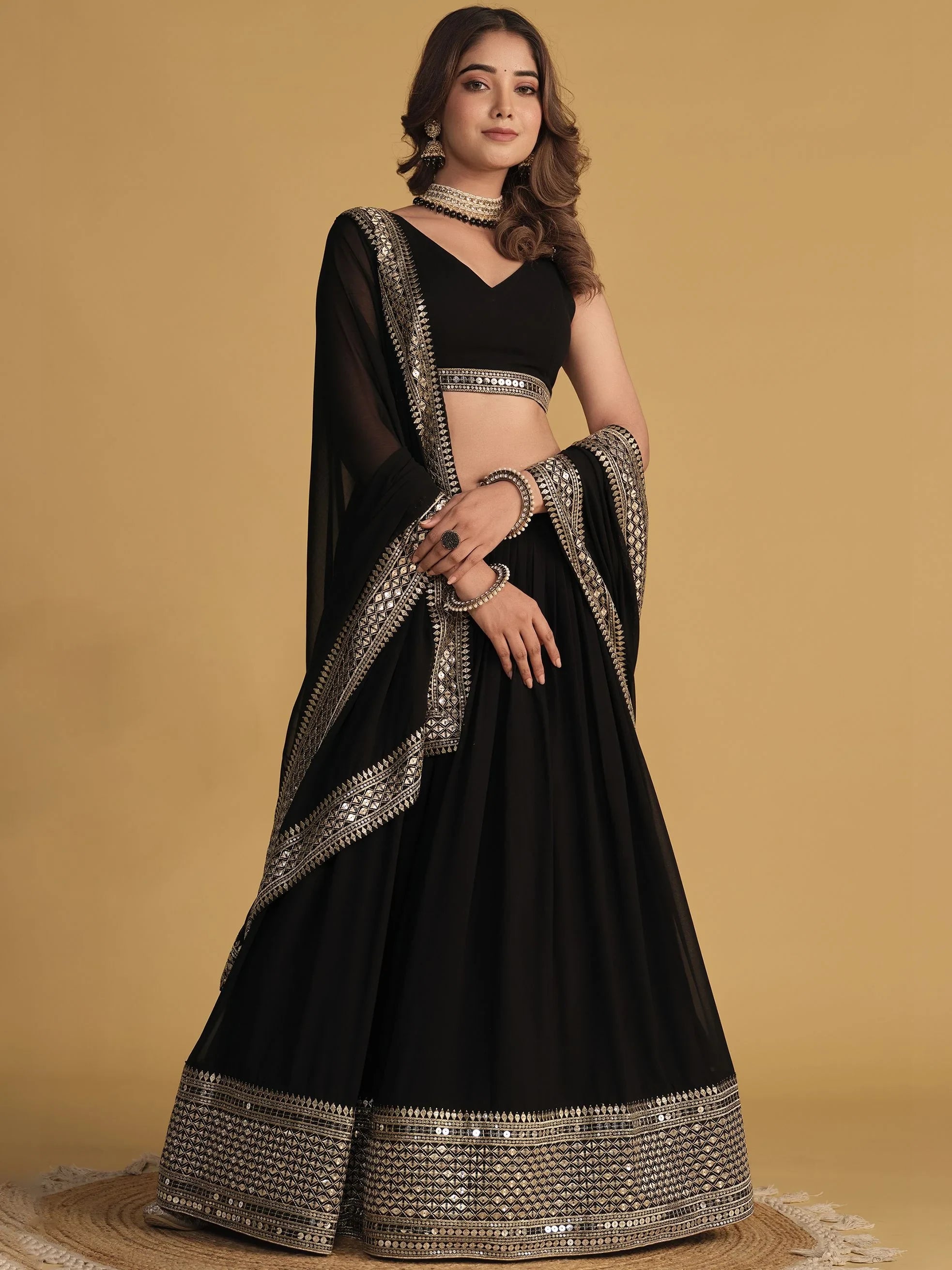 Beautiful Black Zari Embroidered Georgette Lehenga Choli With Dupatta