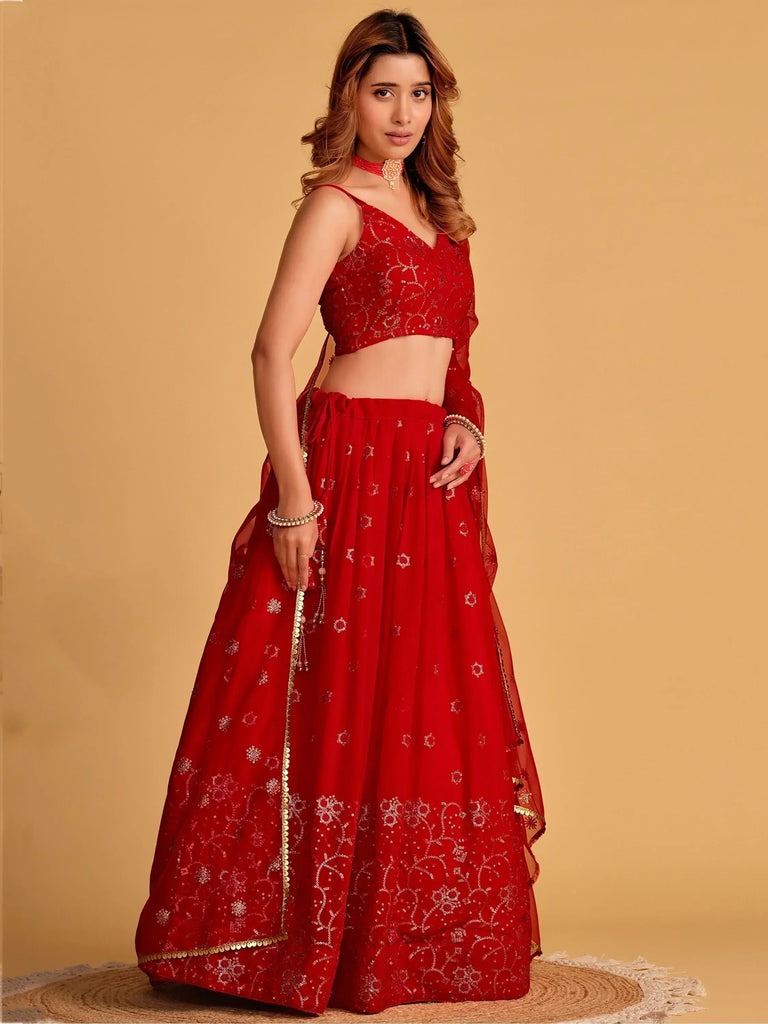 Marvelous Red Embroidered Georgette Engagement Wear Lehenga Choli