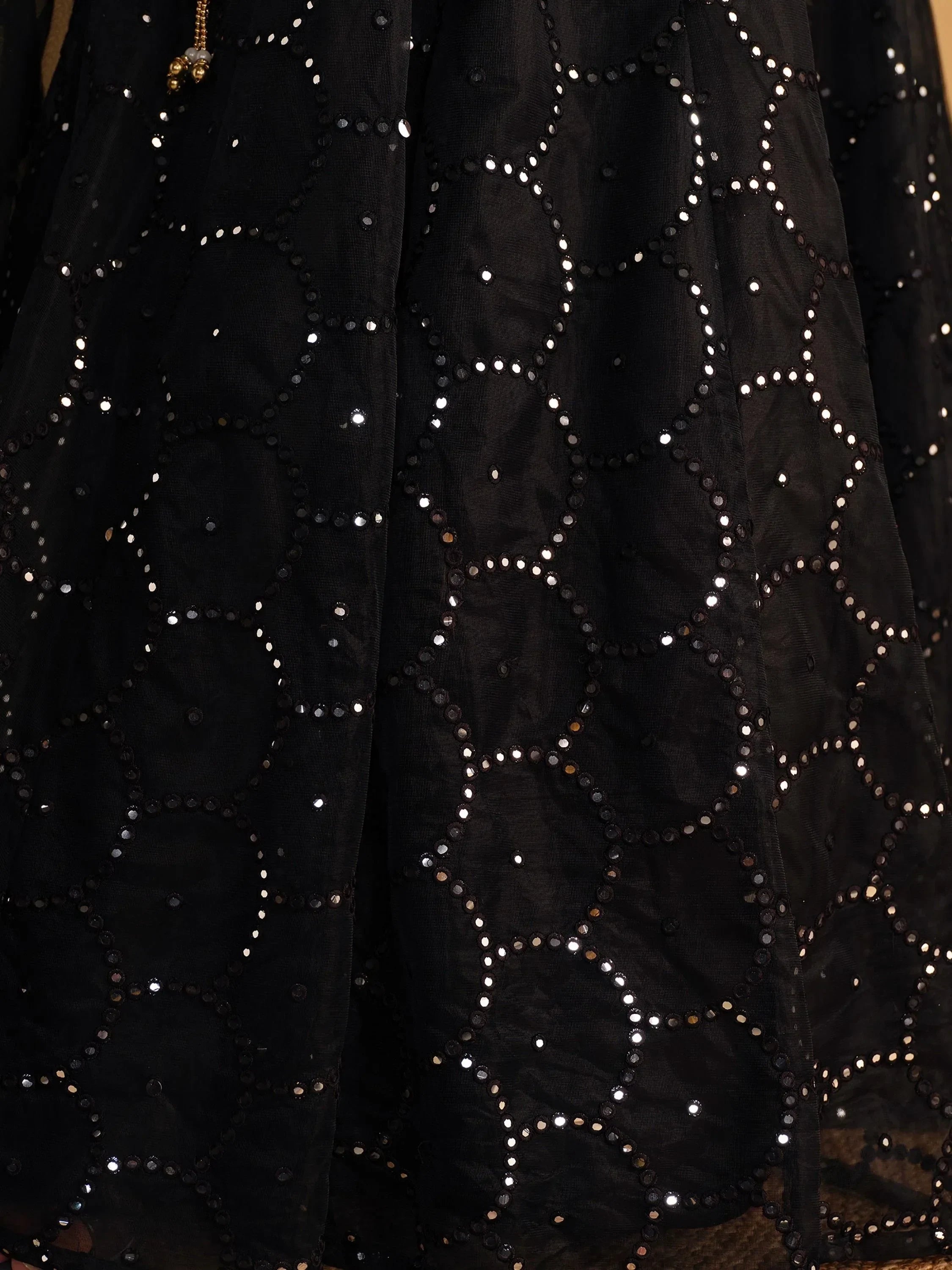 Black ethnic gown with geometric mirror and sequin embroidery, perfect for Indian festive wear