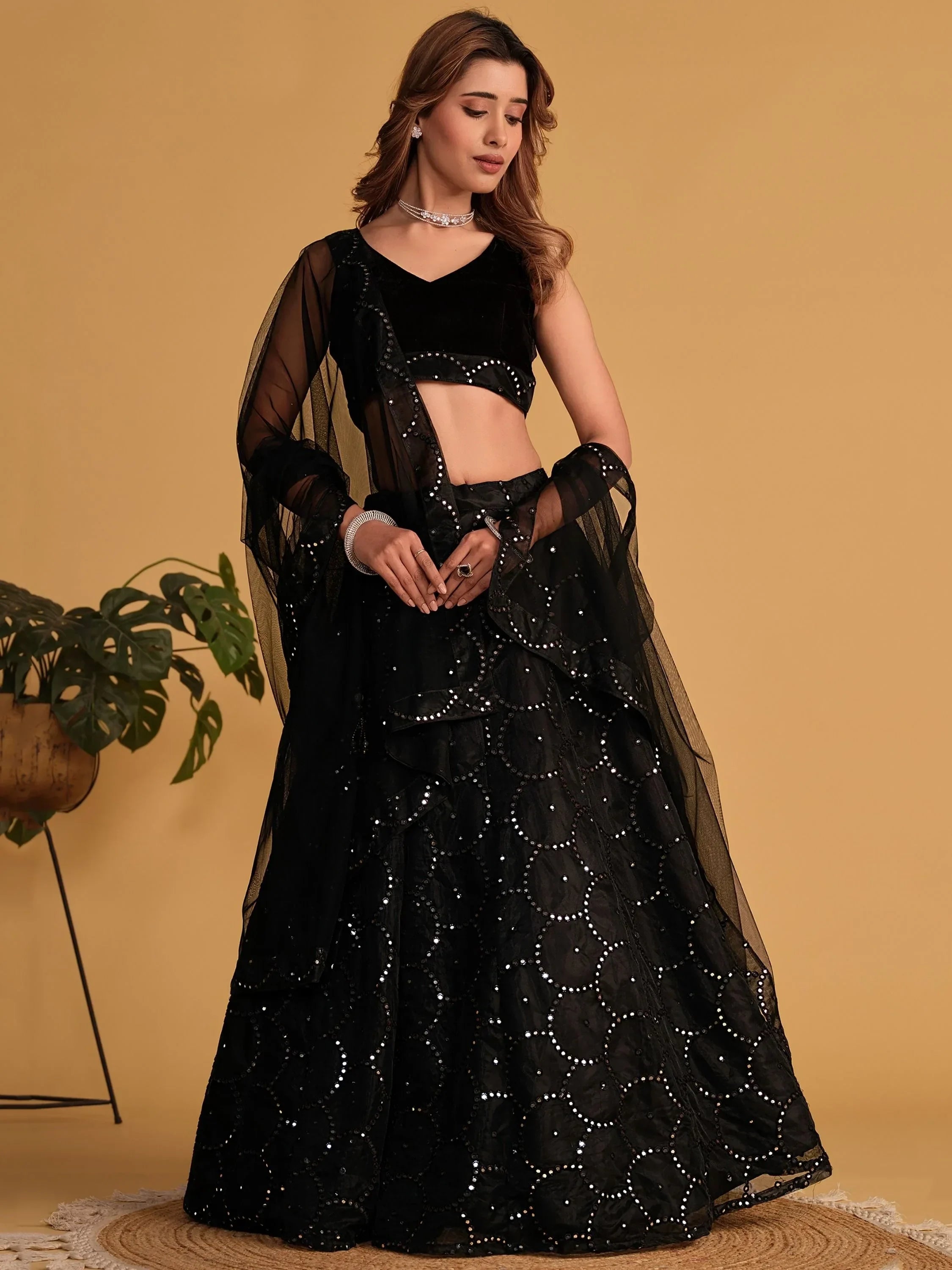 Black sequin lehenga choli with sheer dupatta, Indian ethnic wear for women