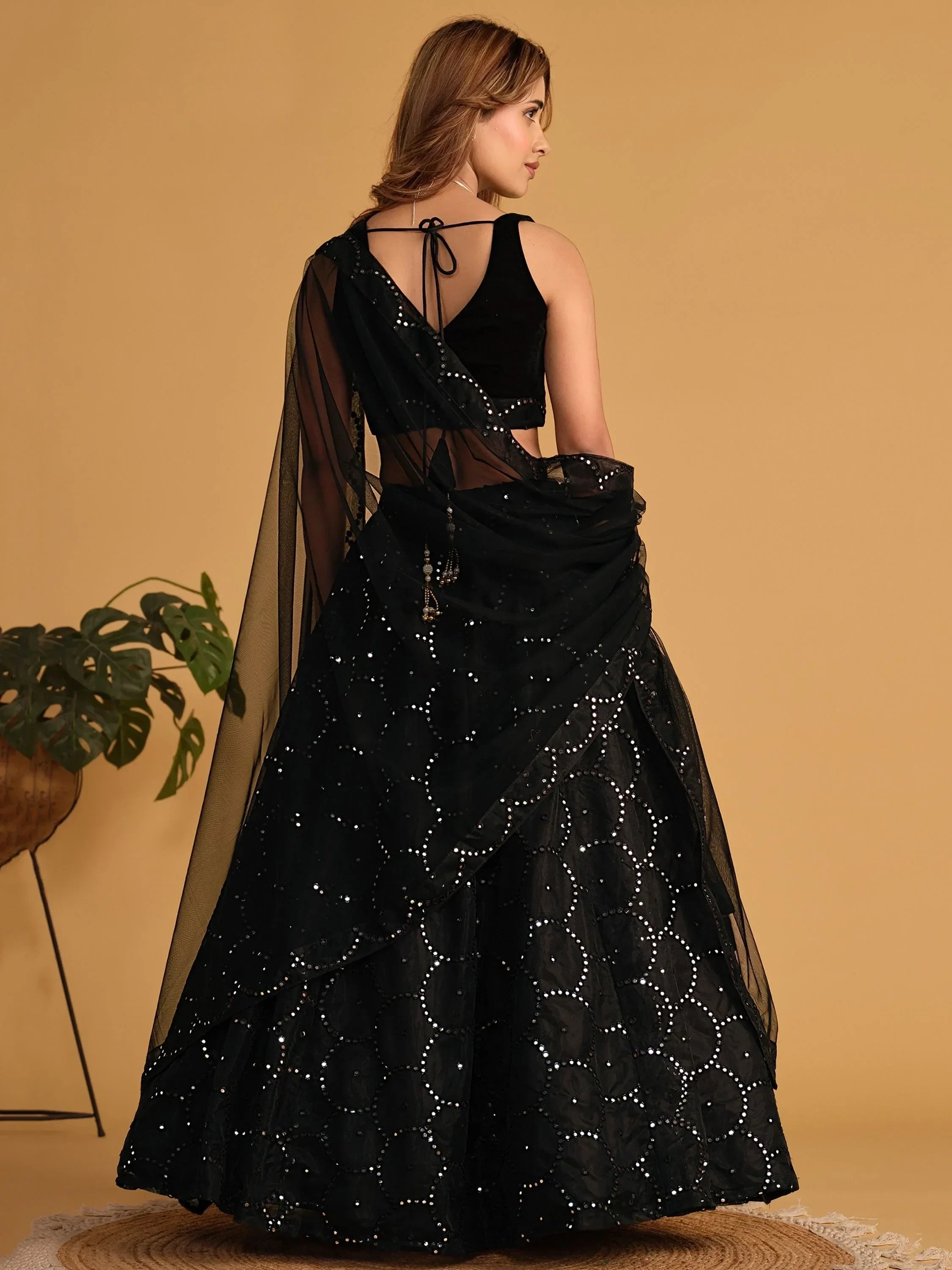 Black sequin lehenga choli with sheer dupatta, ethnic Indian wear for women
