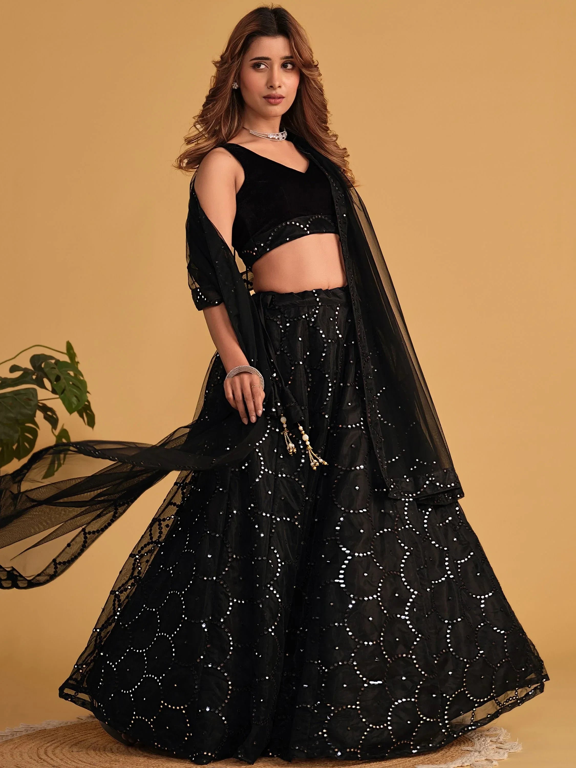 Black sequin lehenga choli with sheer dupatta, Indian ethnic wear for weddings and parties