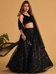 Mesmerizing Black Mirror Work Organza Reception Wear Lehenga Choli