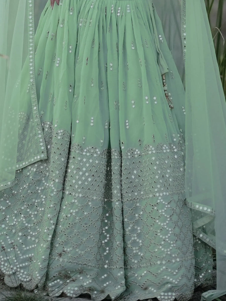 Adorable Pastel Green Sequins Georgette Reception Wear Lehenga Choli