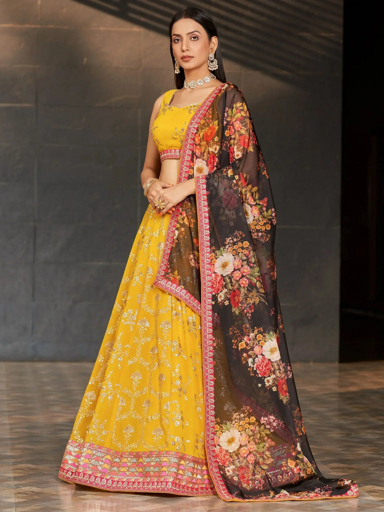 Astonishing Yellow Sequins Georgette Haldi Wear Lehenga Choli