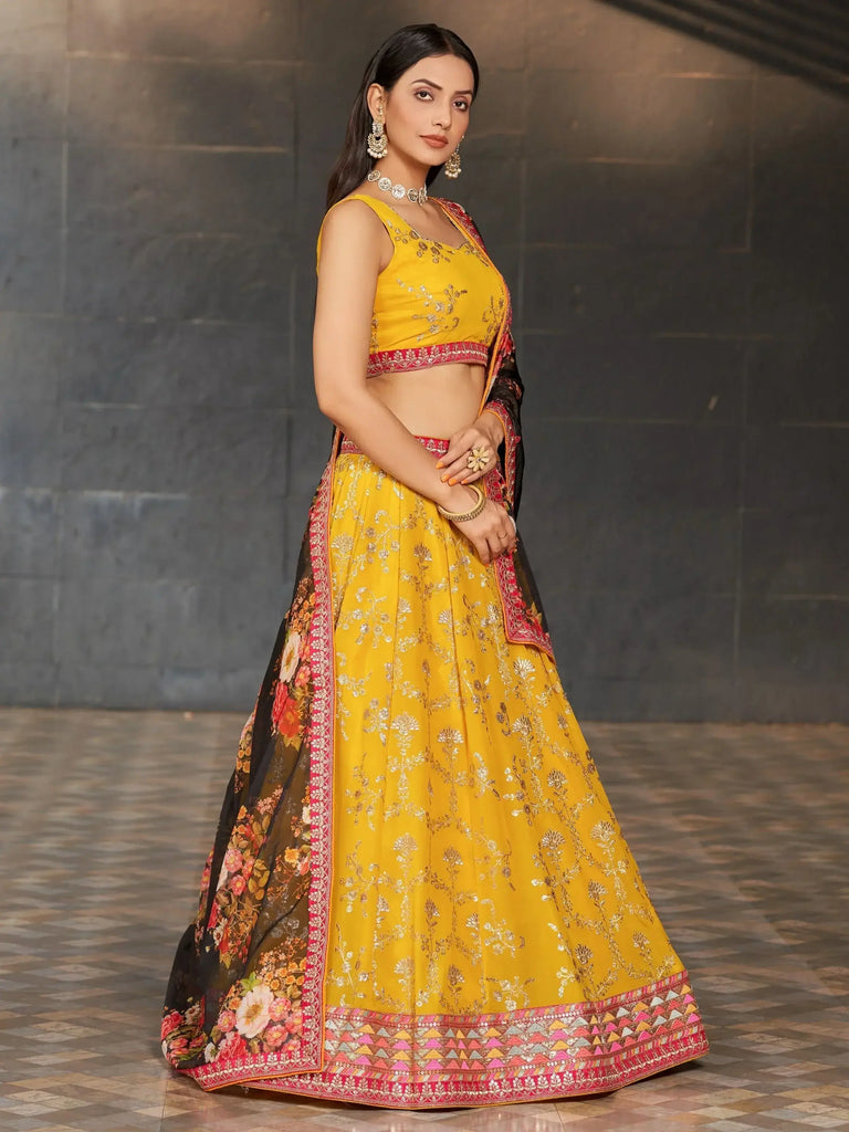 Astonishing Yellow Sequins Georgette Haldi Wear Lehenga Choli