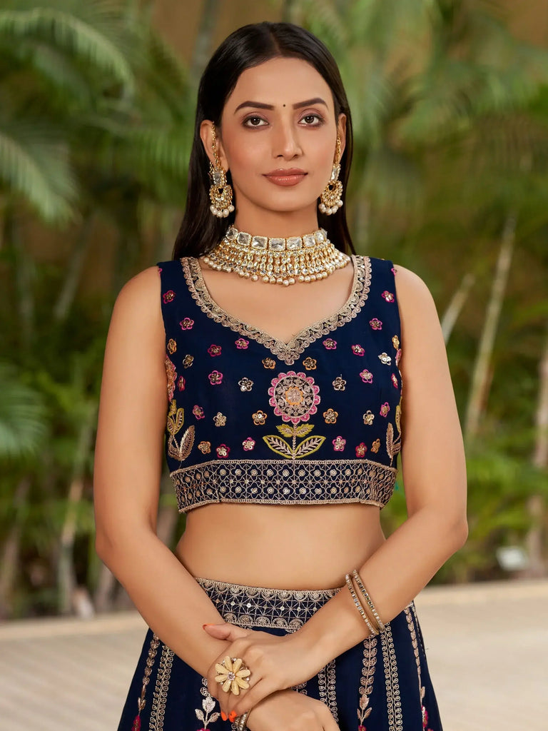 Amazing Navy Blue Thread Embroidered Georgette Lehenga Choli