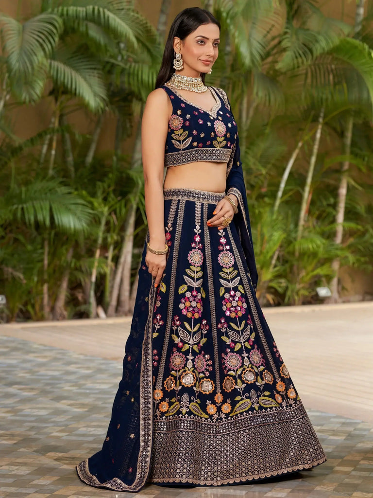Amazing Navy Blue Thread Embroidered Georgette Lehenga Choli