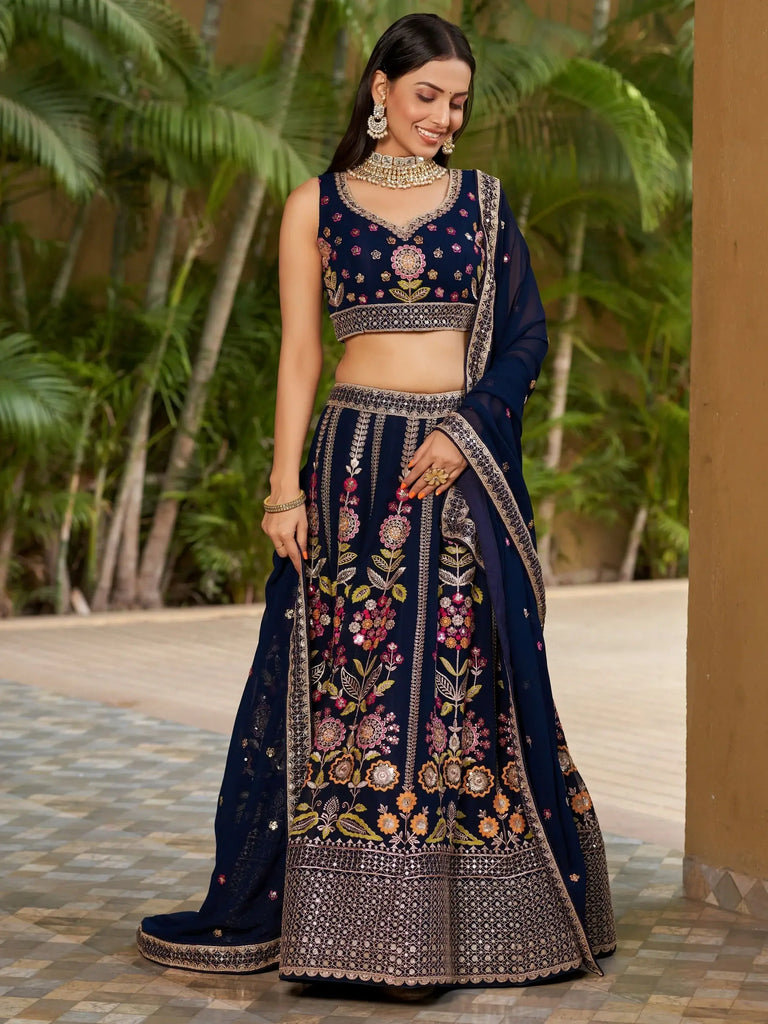 Amazing Navy Blue Thread Embroidered Georgette Lehenga Choli
