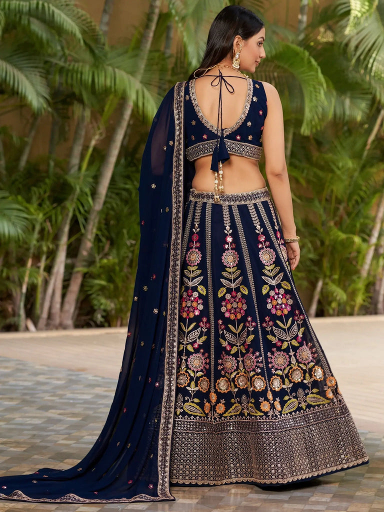 Amazing Navy Blue Thread Embroidered Georgette Lehenga Choli