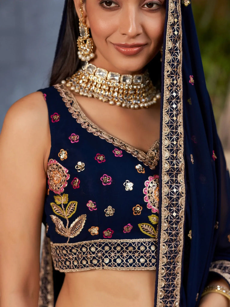 Amazing Navy Blue Thread Embroidered Georgette Lehenga Choli