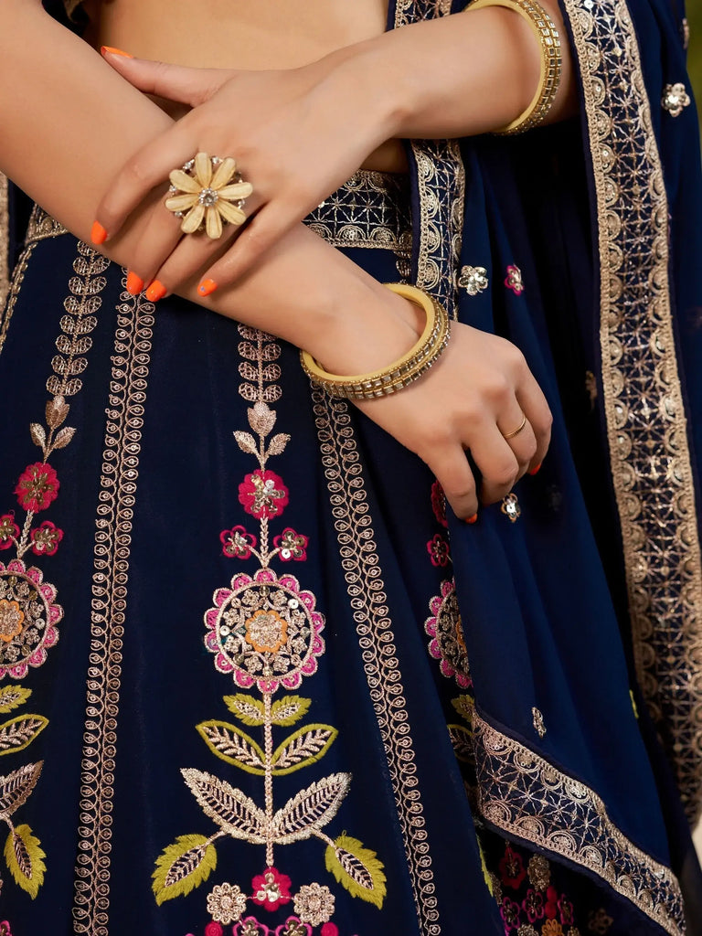 Amazing Navy Blue Thread Embroidered Georgette Lehenga Choli