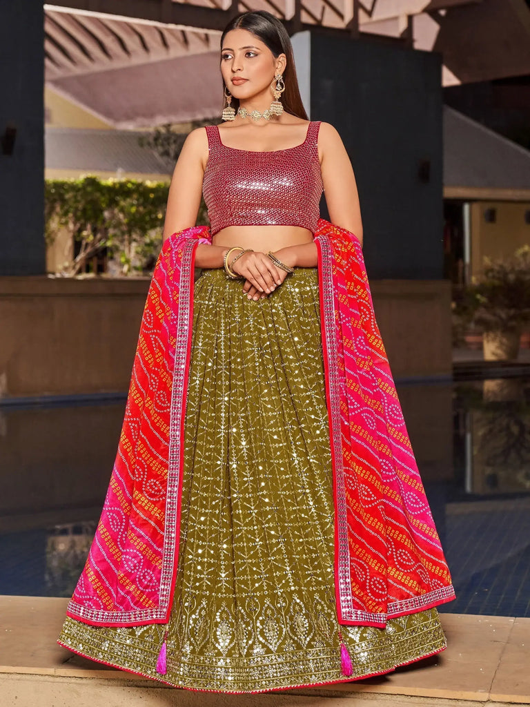 Marvelous Olive Green Sequins Georgette Sangeet Wear Lehenga Choli