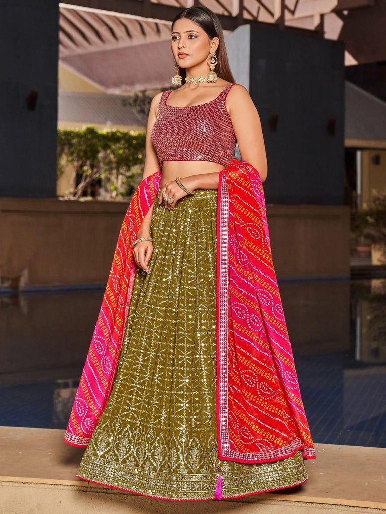 Marvelous Olive Green Sequins Georgette Sangeet Wear Lehenga Choli