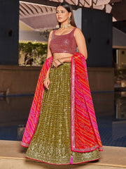 Marvelous Olive Green Sequins Georgette Sangeet Wear Lehenga Choli