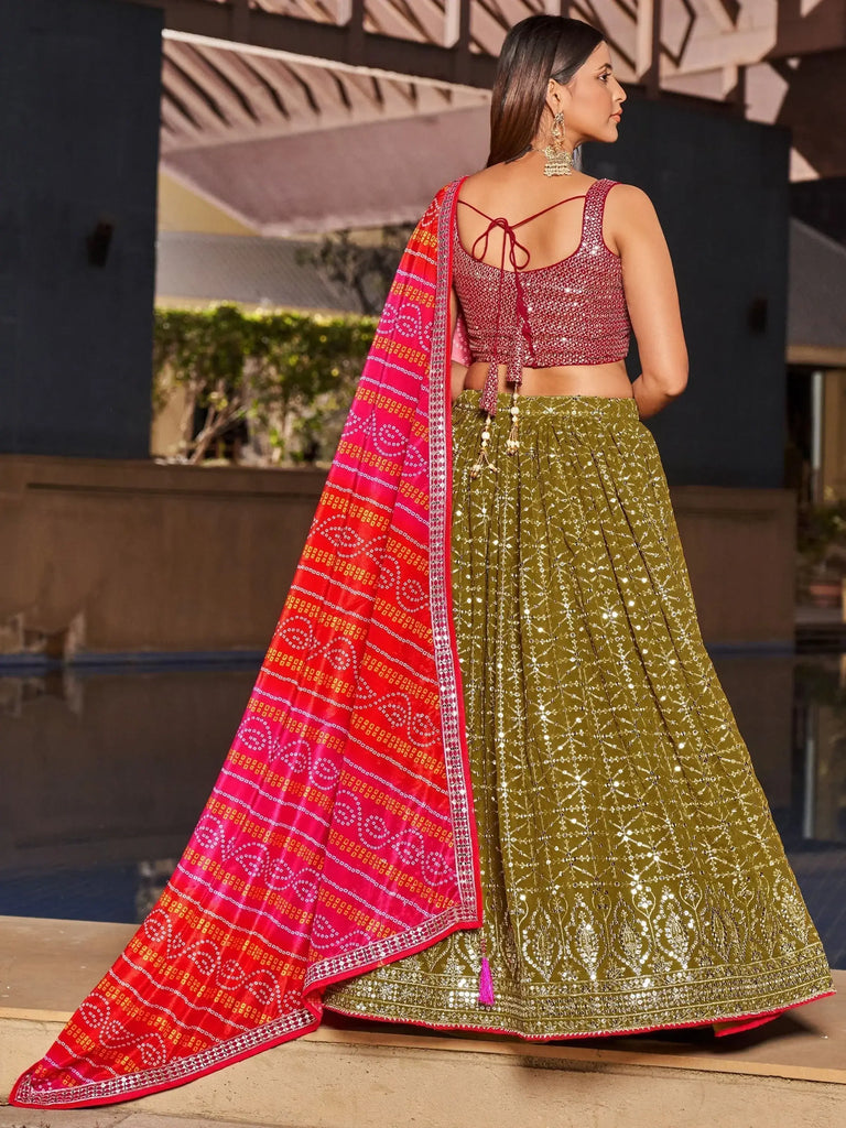 Marvelous Olive Green Sequins Georgette Sangeet Wear Lehenga Choli