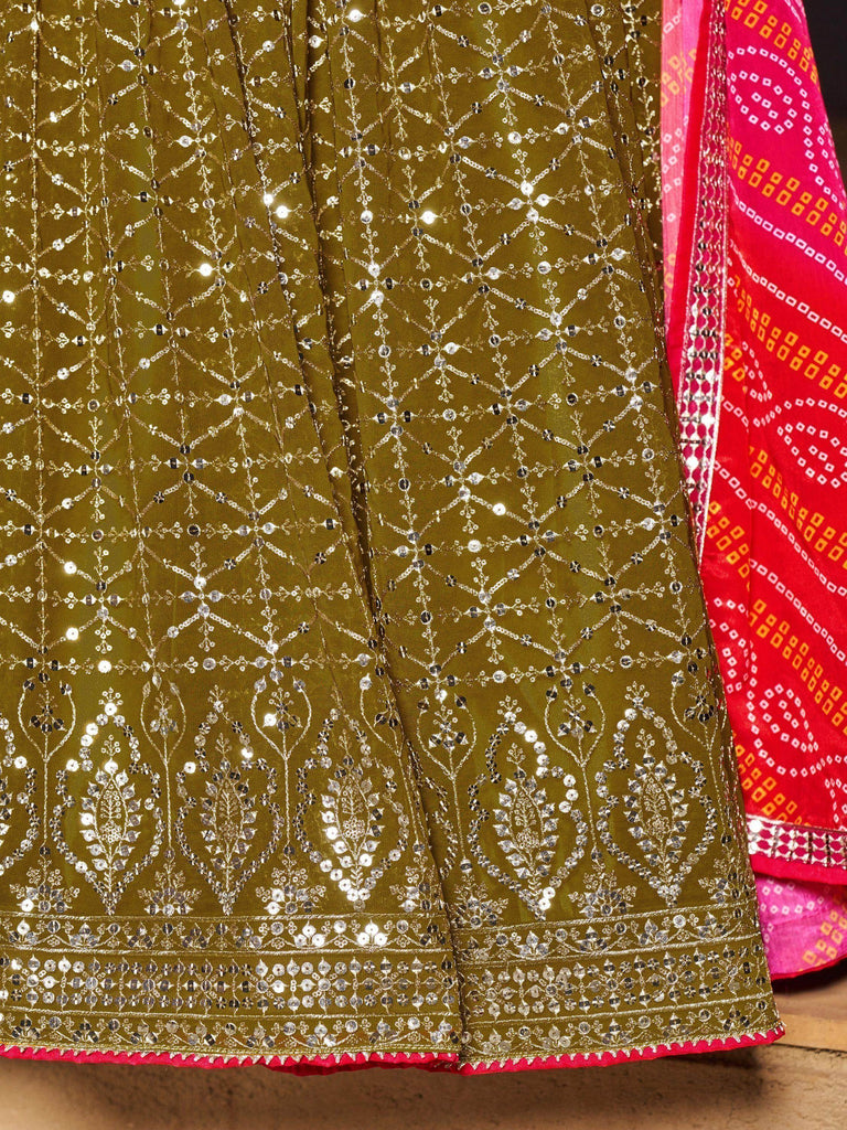Marvelous Olive Green Sequins Georgette Sangeet Wear Lehenga Choli