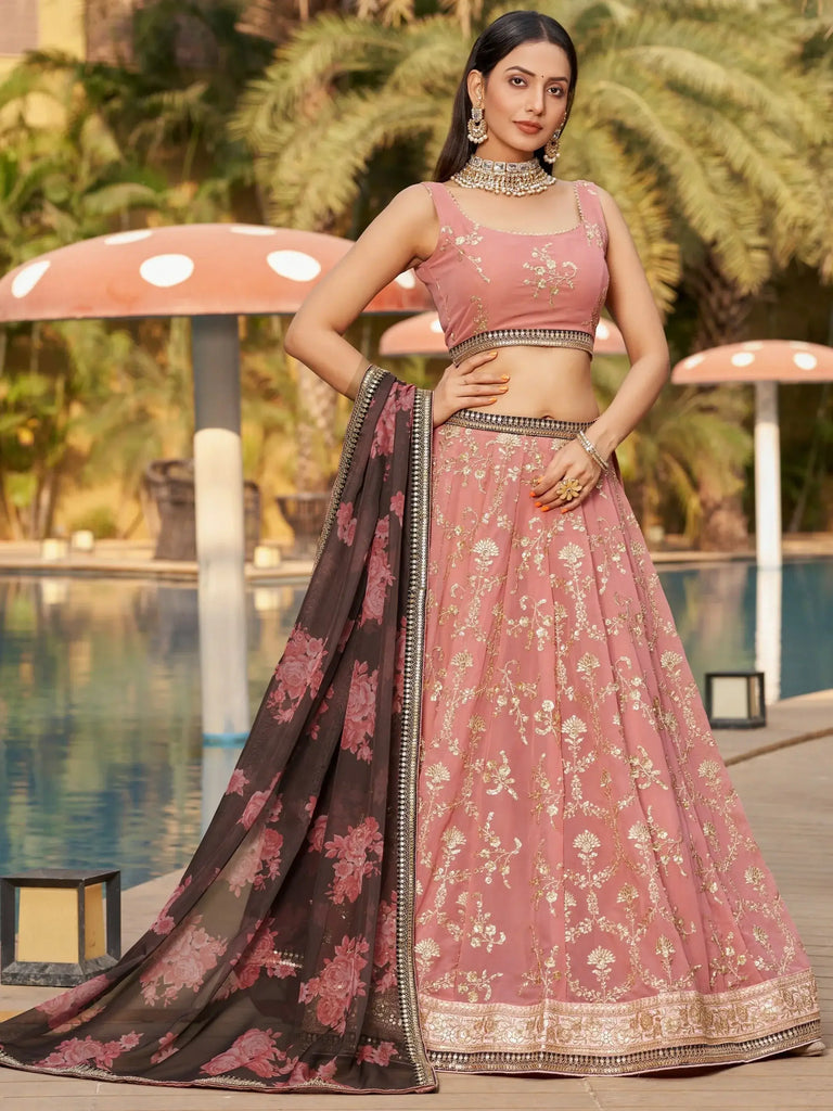 Wonderful Pink Thread Work Georgette Function Wear Lehenga Choli