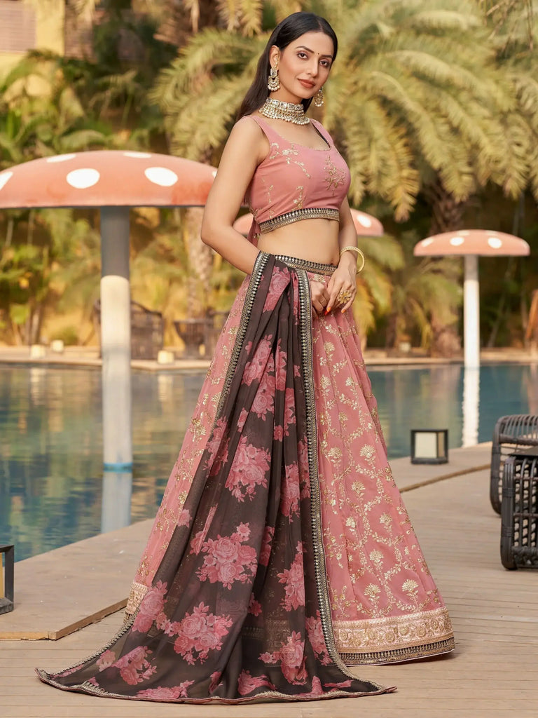 Wonderful Pink Thread Work Georgette Function Wear Lehenga Choli