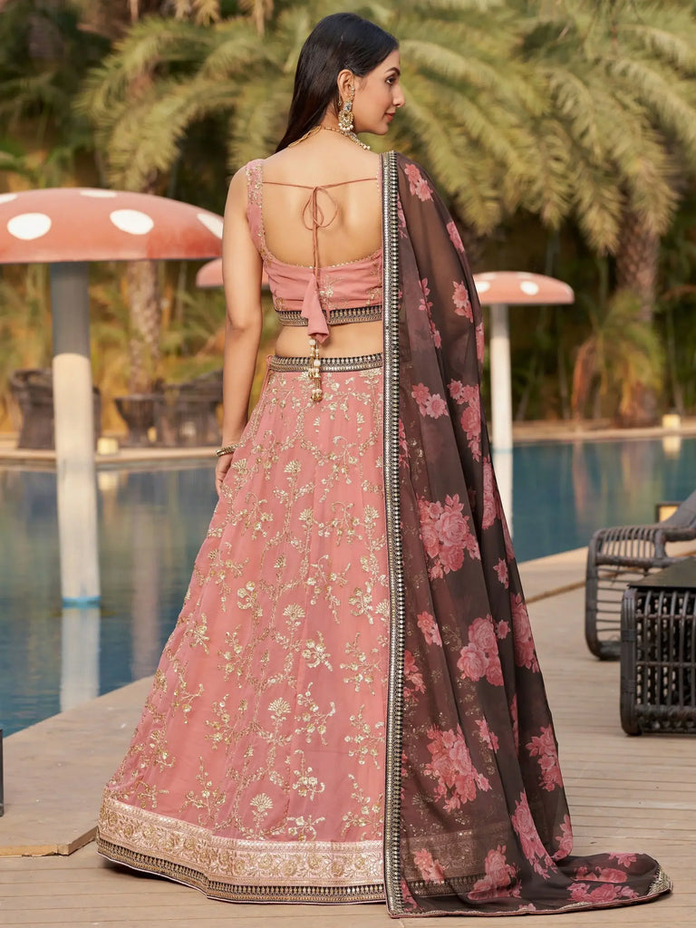 Wonderful Pink Thread Work Georgette Function Wear Lehenga Choli