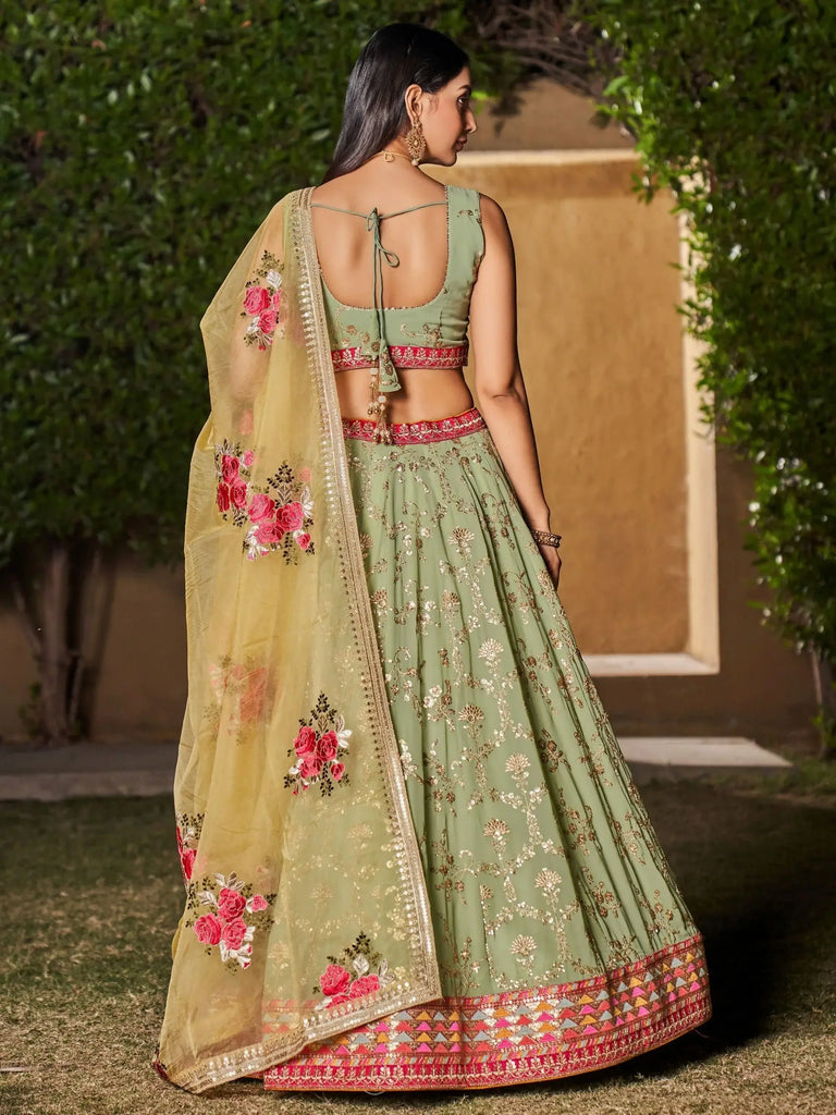 Incredible Pista Green Sequins Georgette Lehenga Choli With Dupatta
