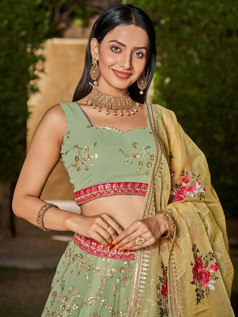 Incredible Pista Green Sequins Georgette Lehenga Choli With Dupatta