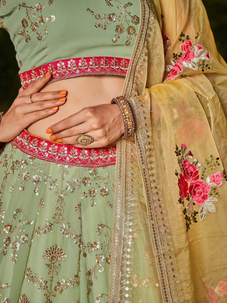 Incredible Pista Green Sequins Georgette Lehenga Choli With Dupatta