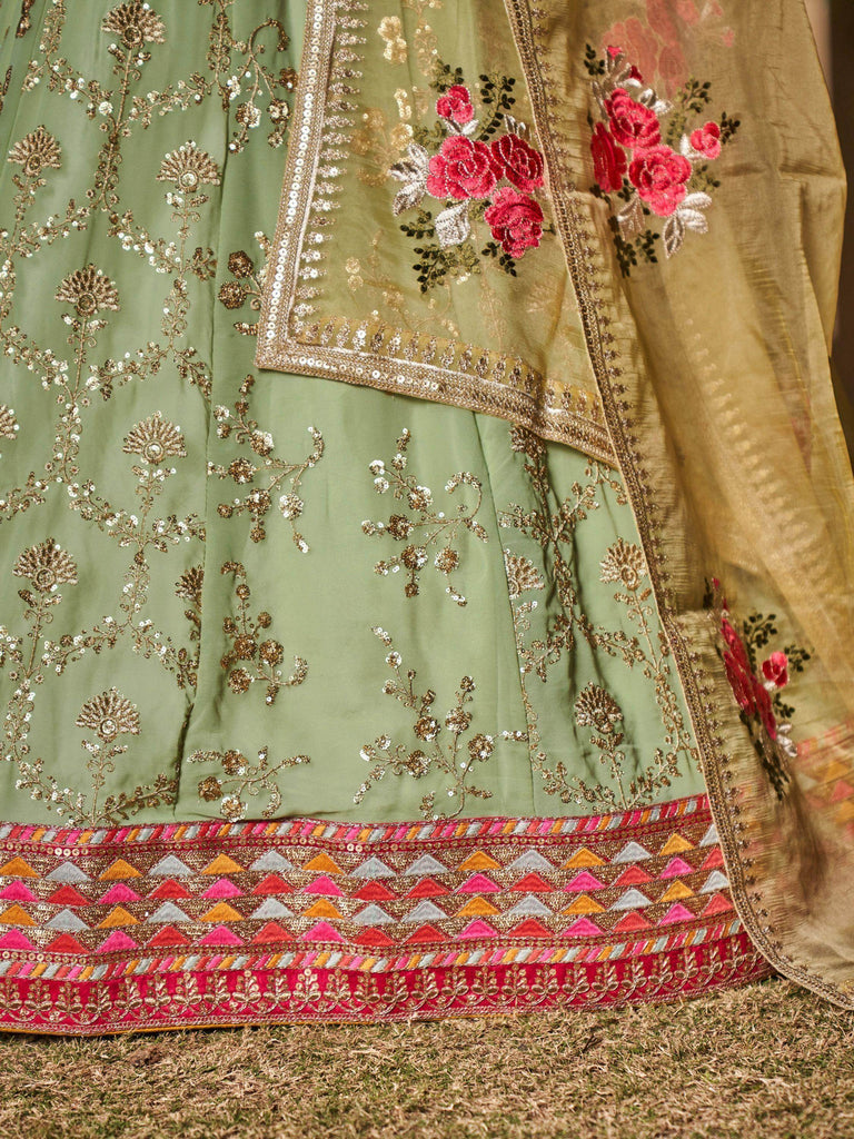 Incredible Pista Green Sequins Georgette Lehenga Choli With Dupatta