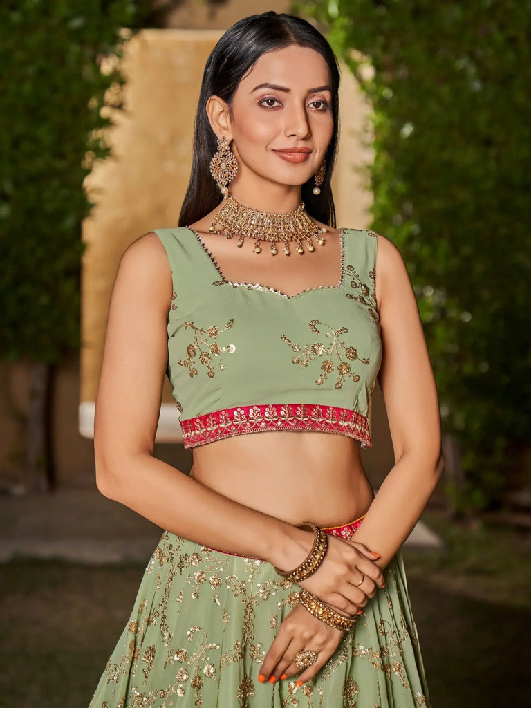 Incredible Pista Green Sequins Georgette Lehenga Choli With Dupatta