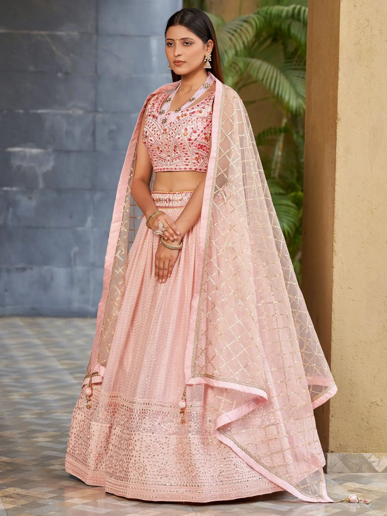 Beautiful Pink Sequins Art Silk Bridesmaid Lehenga Choli With Dupatta