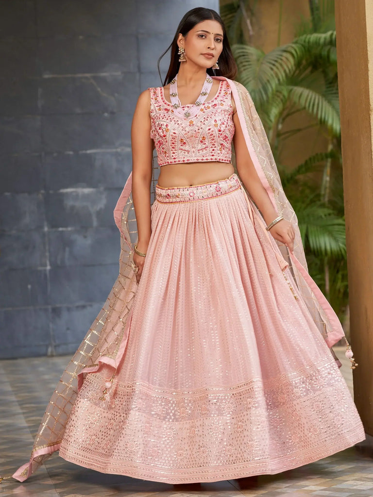 Beautiful Pink Sequins Art Silk Bridesmaid Lehenga Choli With Dupatta