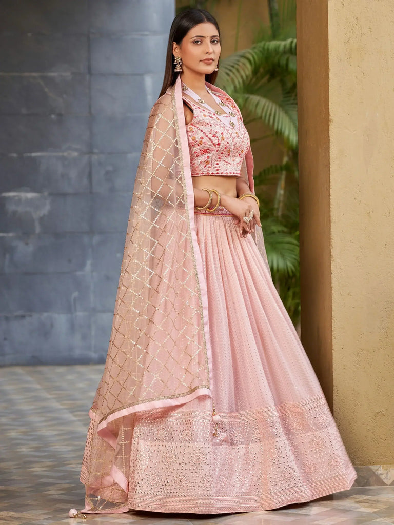 Beautiful Pink Sequins Art Silk Bridesmaid Lehenga Choli With Dupatta