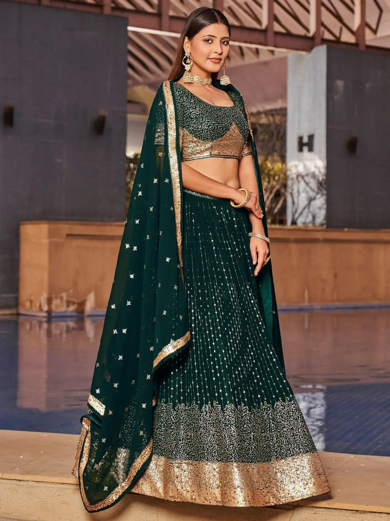 Stunning Green Sequins Georgette Reception Wear Lehenga Choli