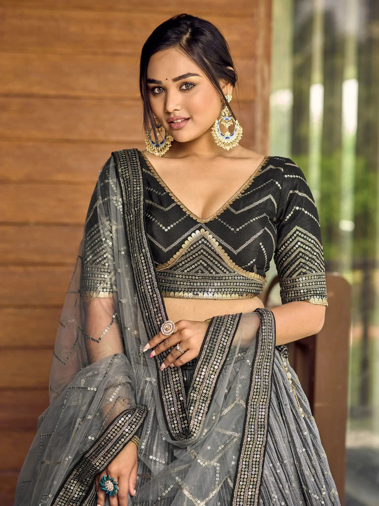 Fabulous Black Sequins Chinon Reception Wear Lehenga Choli