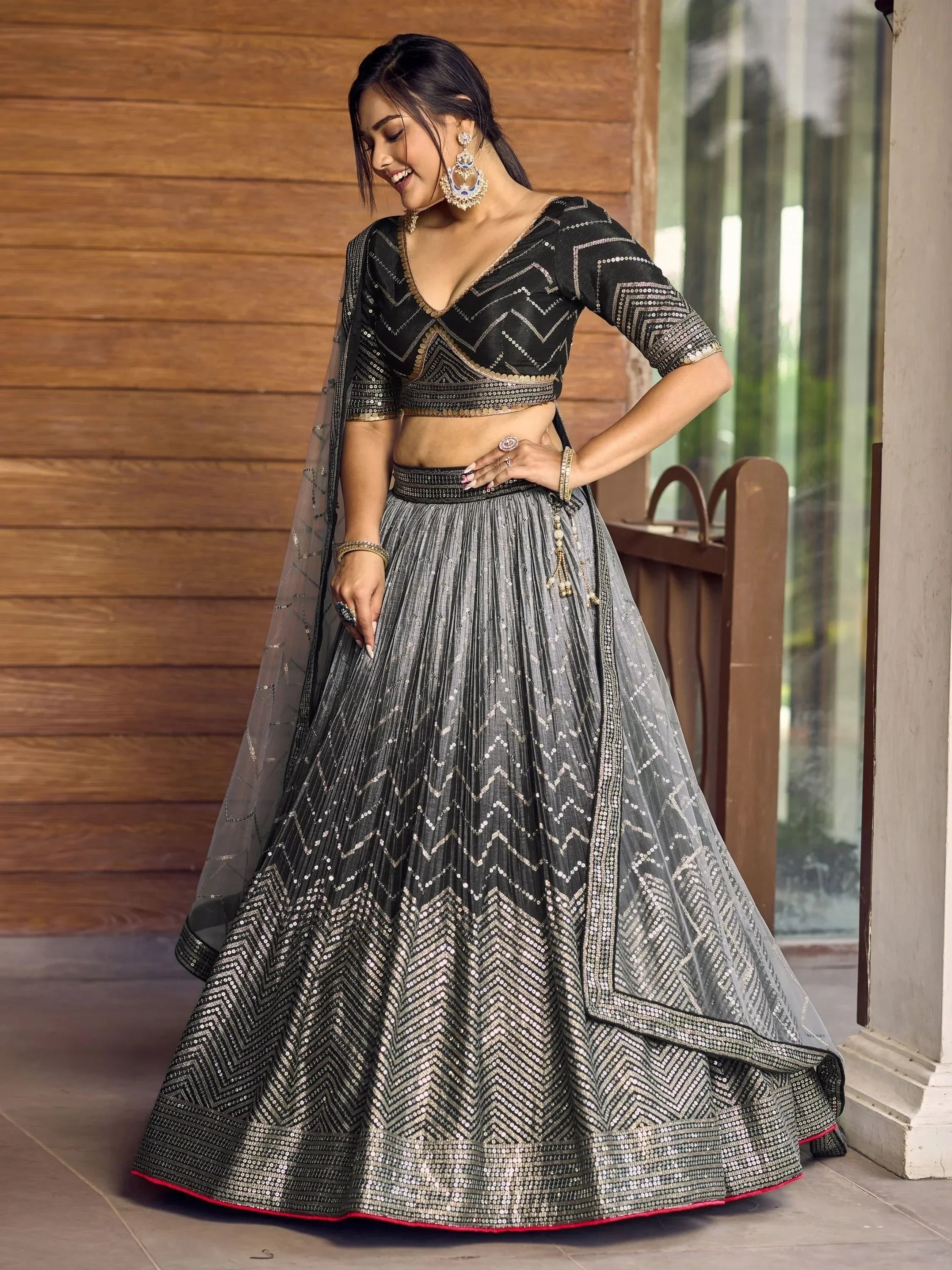 Black and silver sequin lehenga choli with chevron pattern, perfect for Indian ethnic wear events