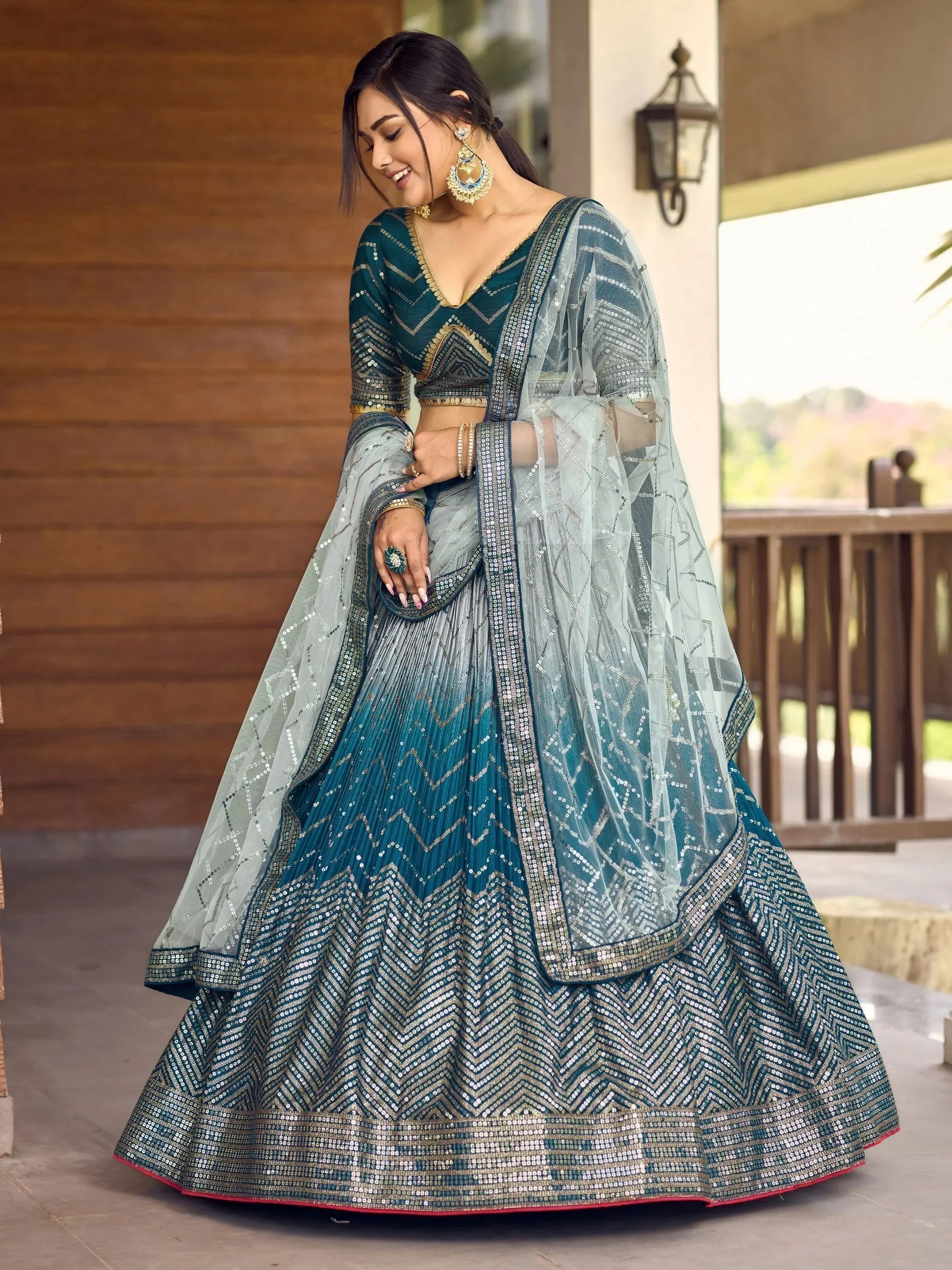 Teal and silver sequin lehenga choli with sheer dupatta, Indian ethnic wear for weddings and parties