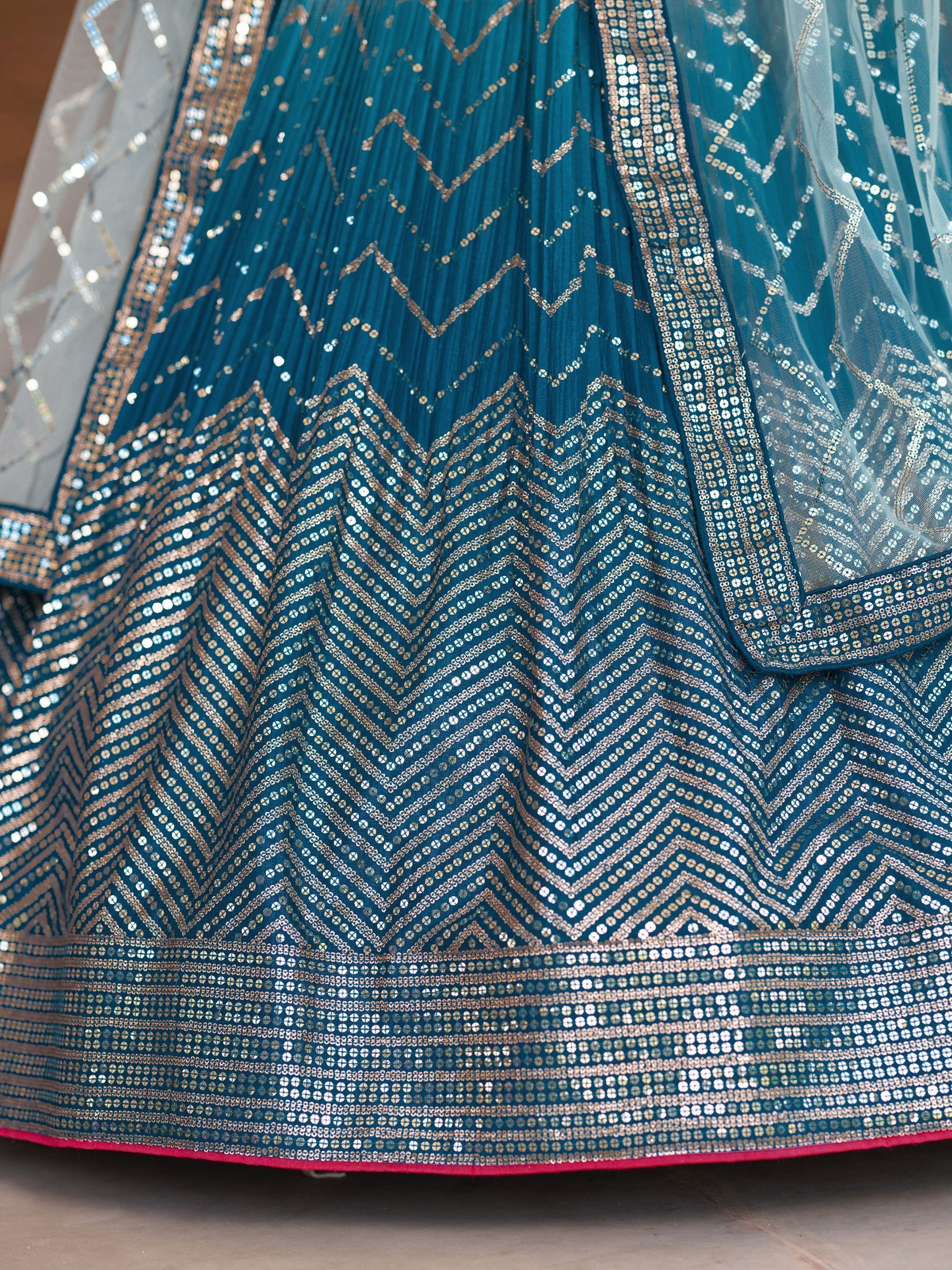 Teal lehenga with gold sequin chevron patterns and sheer dupatta, Indian ethnic wear