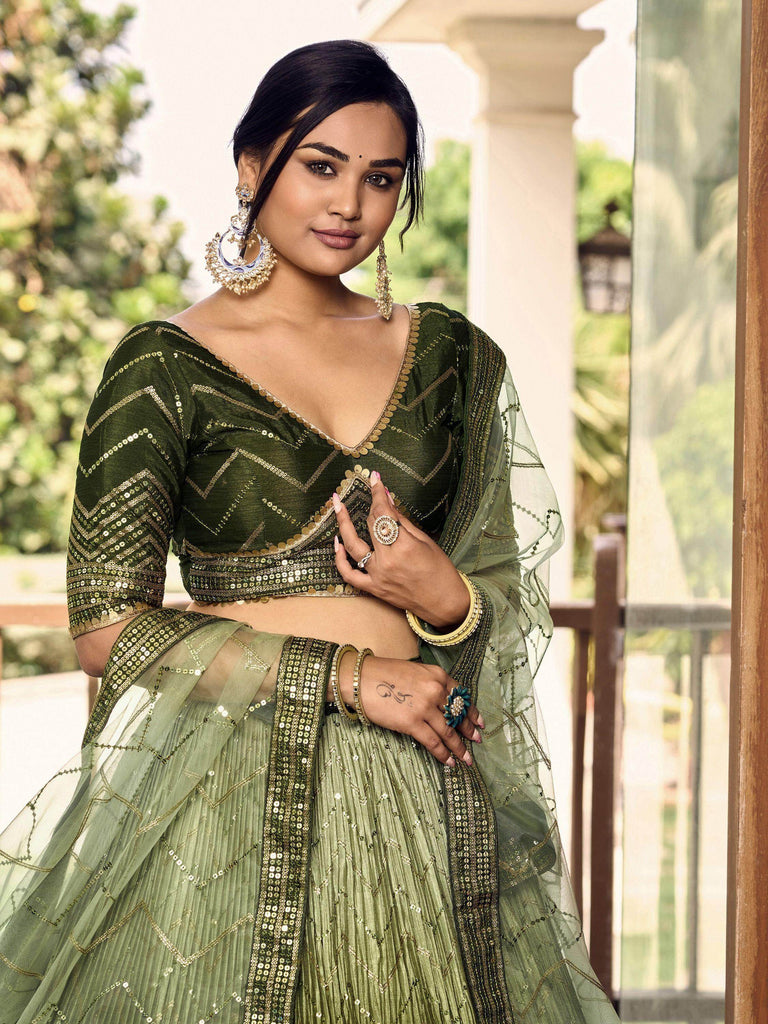 Awesome Green Sequins Chinon Mehendi Wear Lehenga Choli