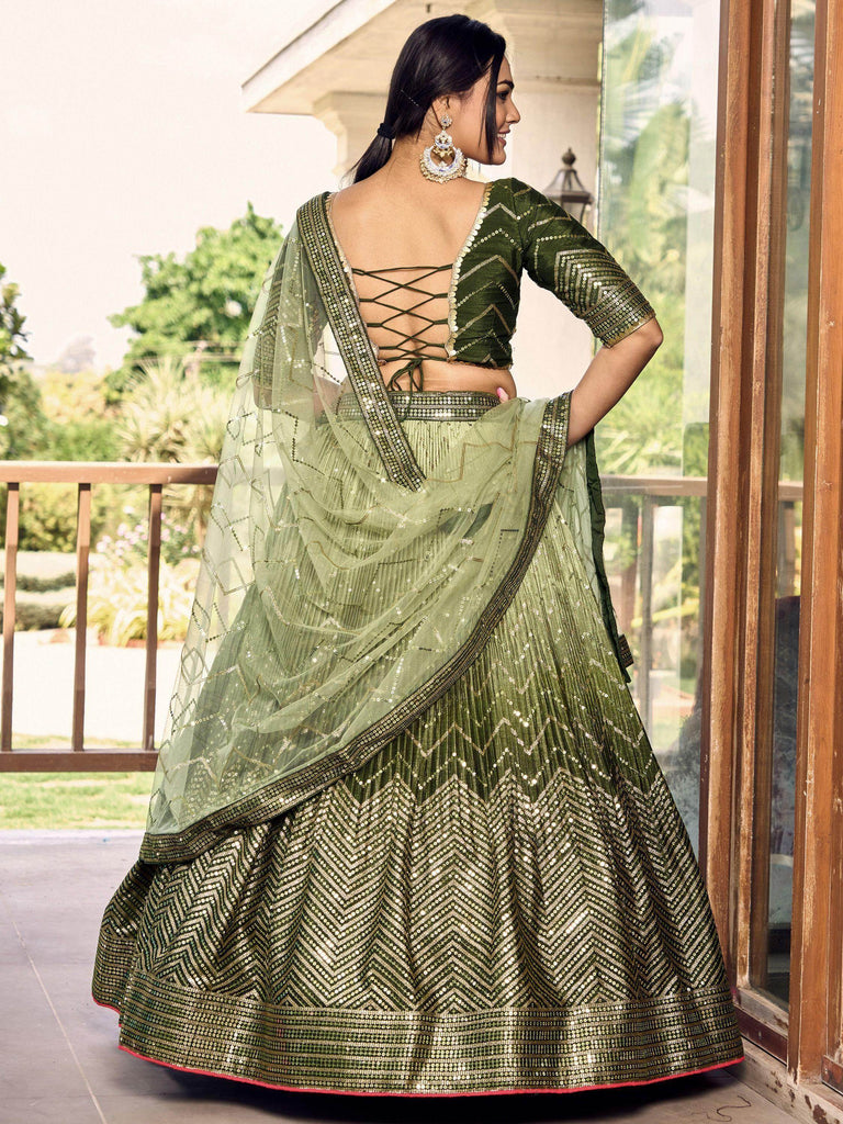 Awesome Green Sequins Chinon Mehendi Wear Lehenga Choli