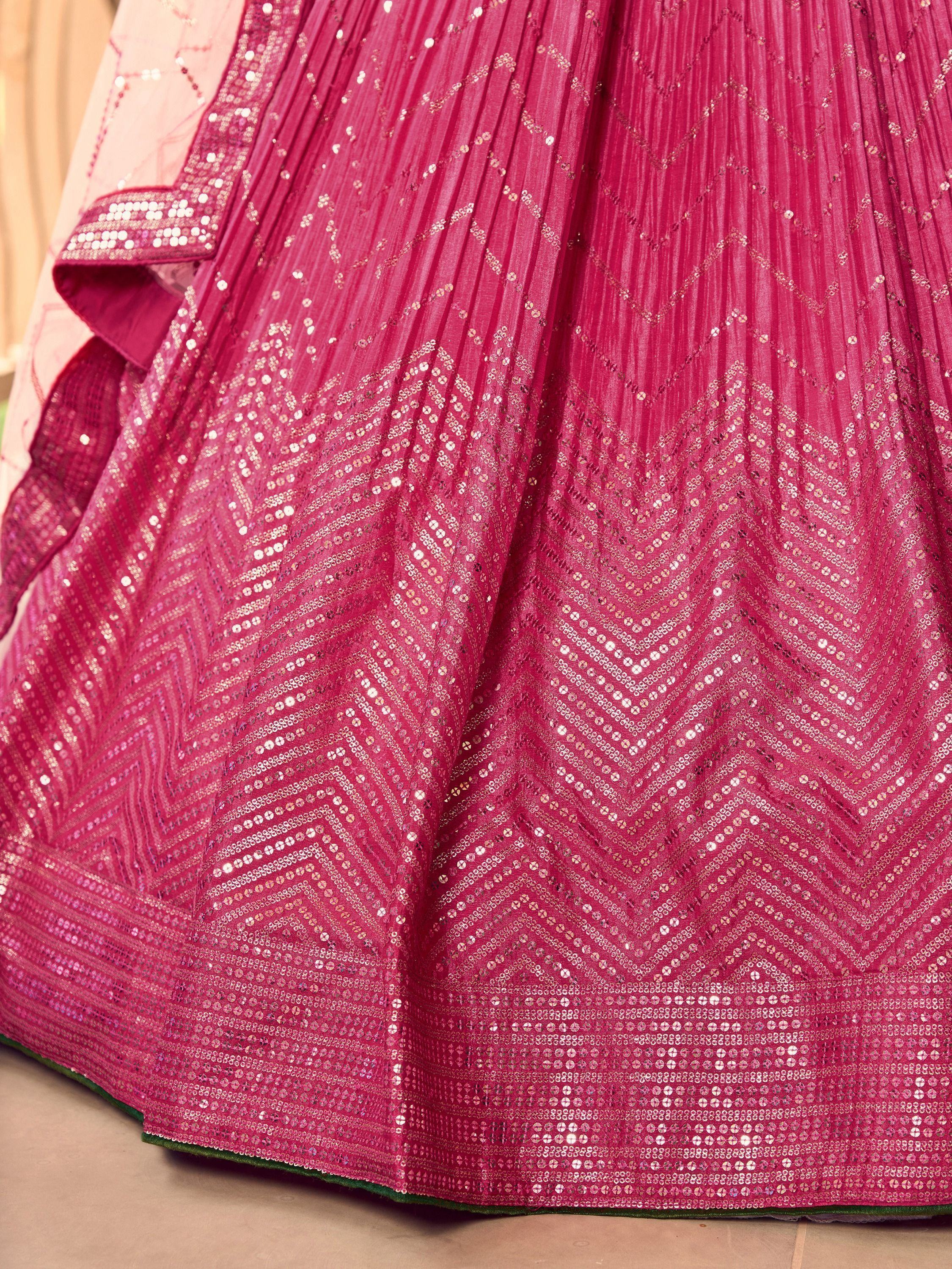 Pink pleated lehenga with sequin chevron pattern, Indian ethnic wear