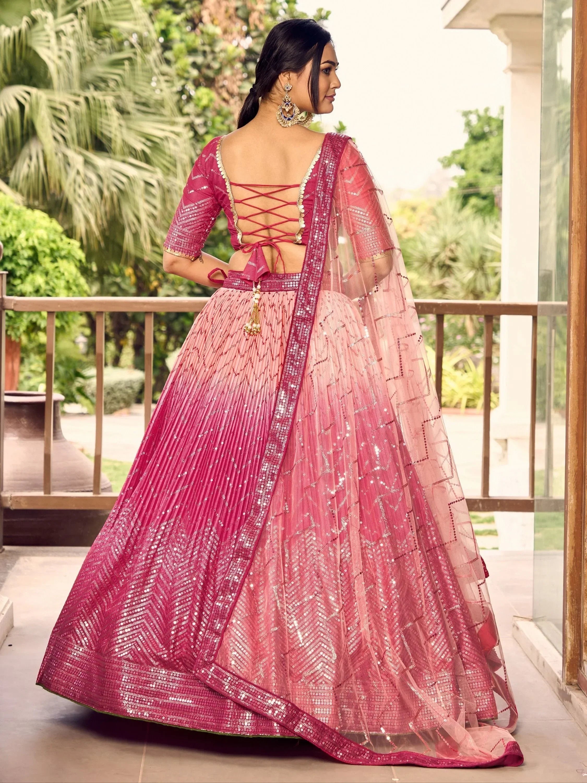 Pink sequin lehenga choli with back tie blouse and sheer dupatta, ethnic Indian wear
